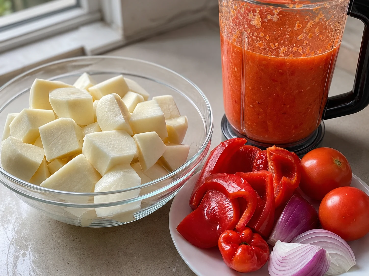 Even white yam chunks beside a mostly smooth pepper blend for Nigerian yam pottage