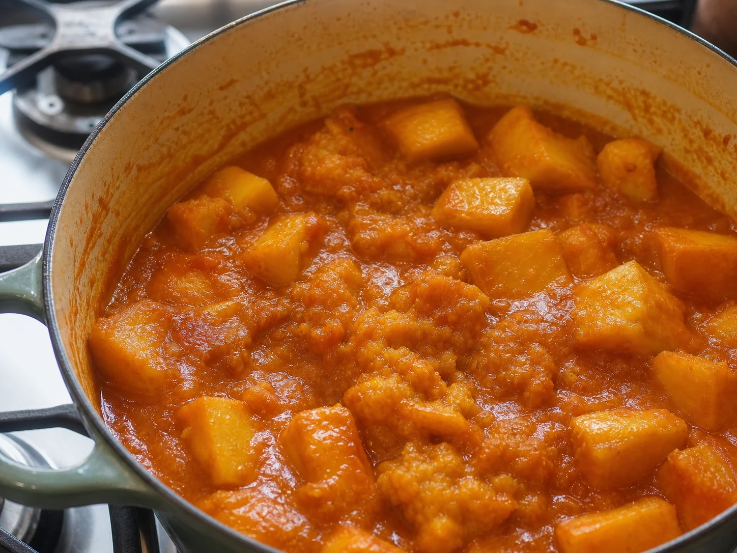 Partly mashed white yam thickening Nigerian yam pottage in a pot before greens are added