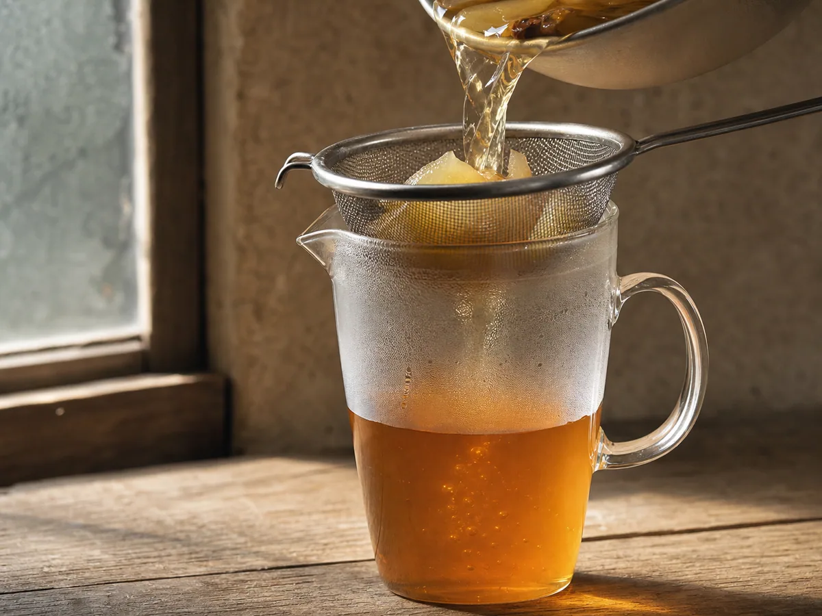 Té ámbar claro de melón de invierno escurriendo por un colador de malla fina hacia una jarra resistente al calor