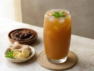 Copo alto de refresco âmbar de tamarindo e gengibre com gelo e hortelã fresca