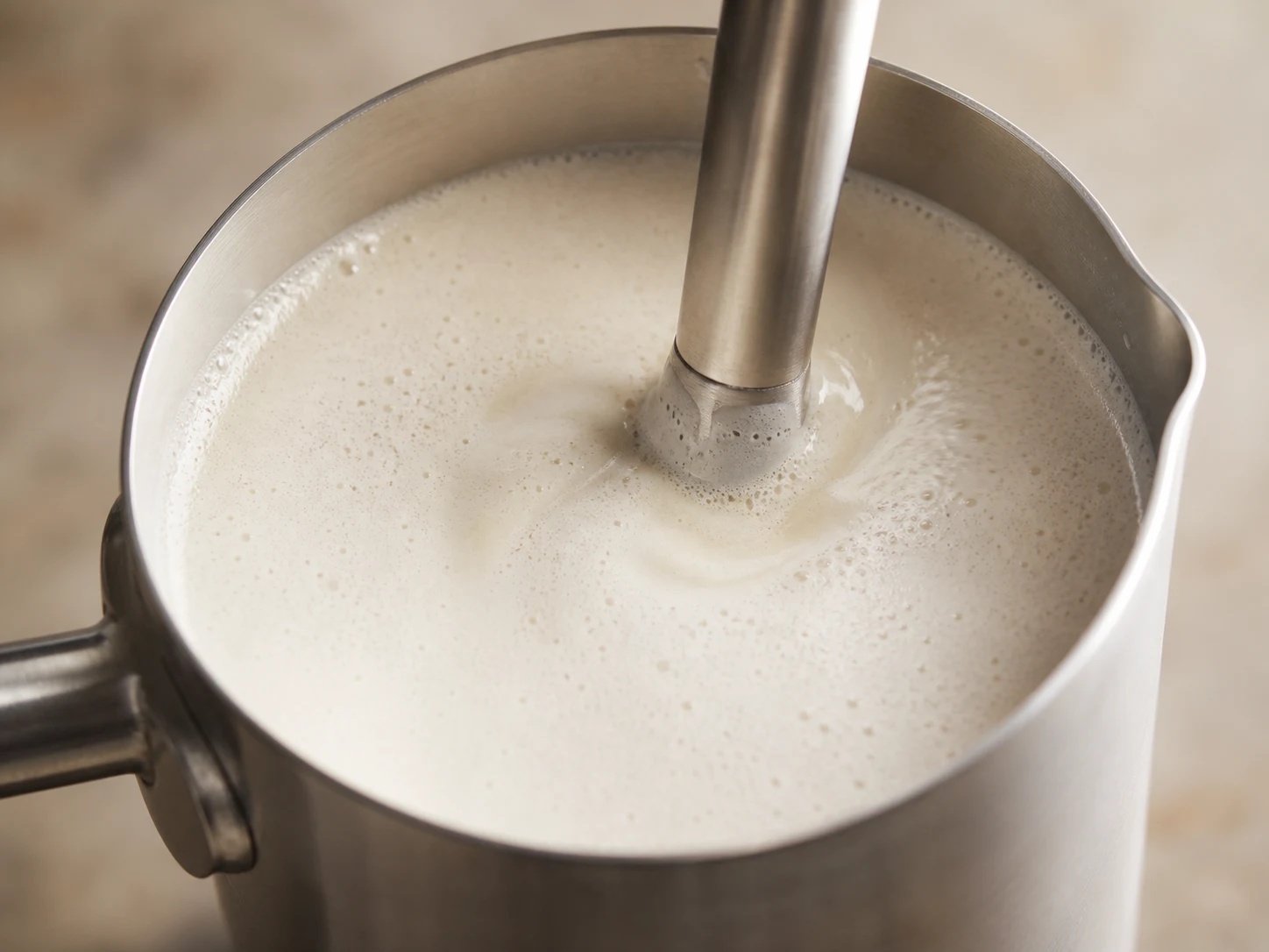 Fine even oat-milk foam in the saucepan after frothing