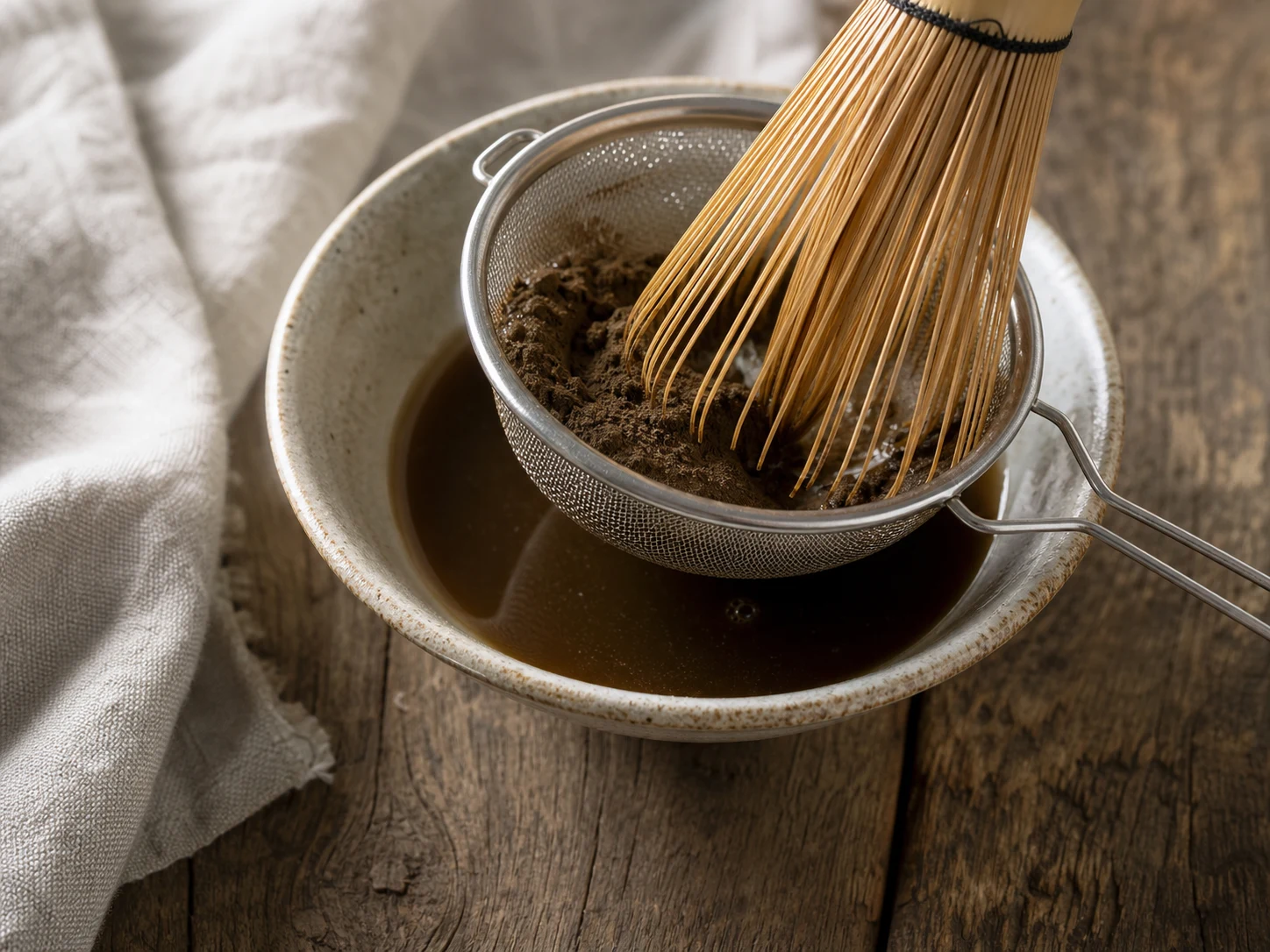 Smooth whisked hojicha concentrate with fine foam in a spouted bowl