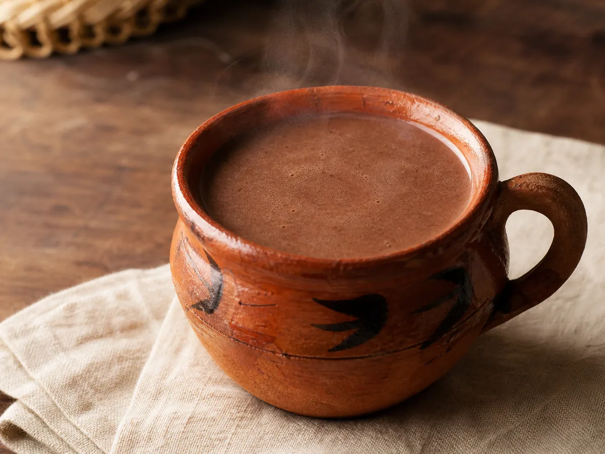 Caneca de champurrado mexicano espesso com canela e uma leve camada de espuma