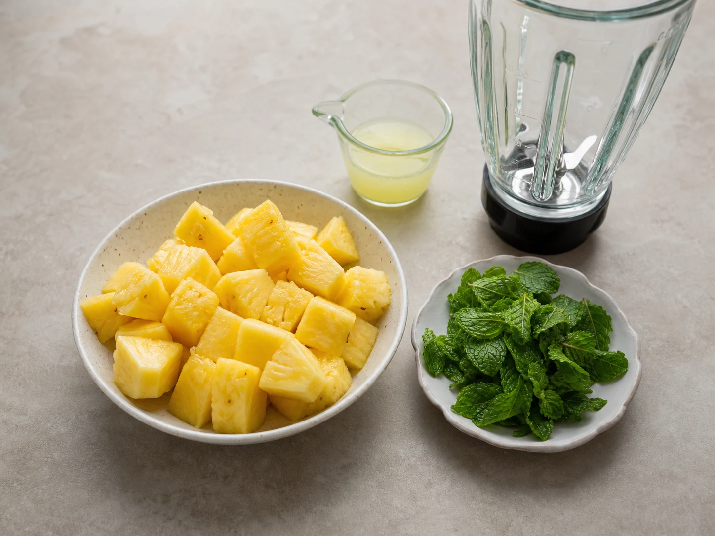 Prepared pineapple chunks, rinsed mint leaves, and measured lime juice ready for pineapple mint agua fresca