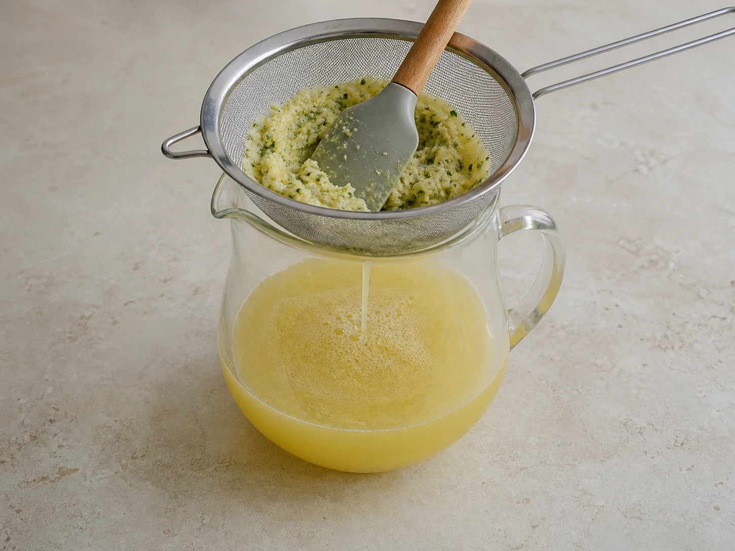 Pineapple mint agua fresca passing through a fine-mesh sieve into a pitcher