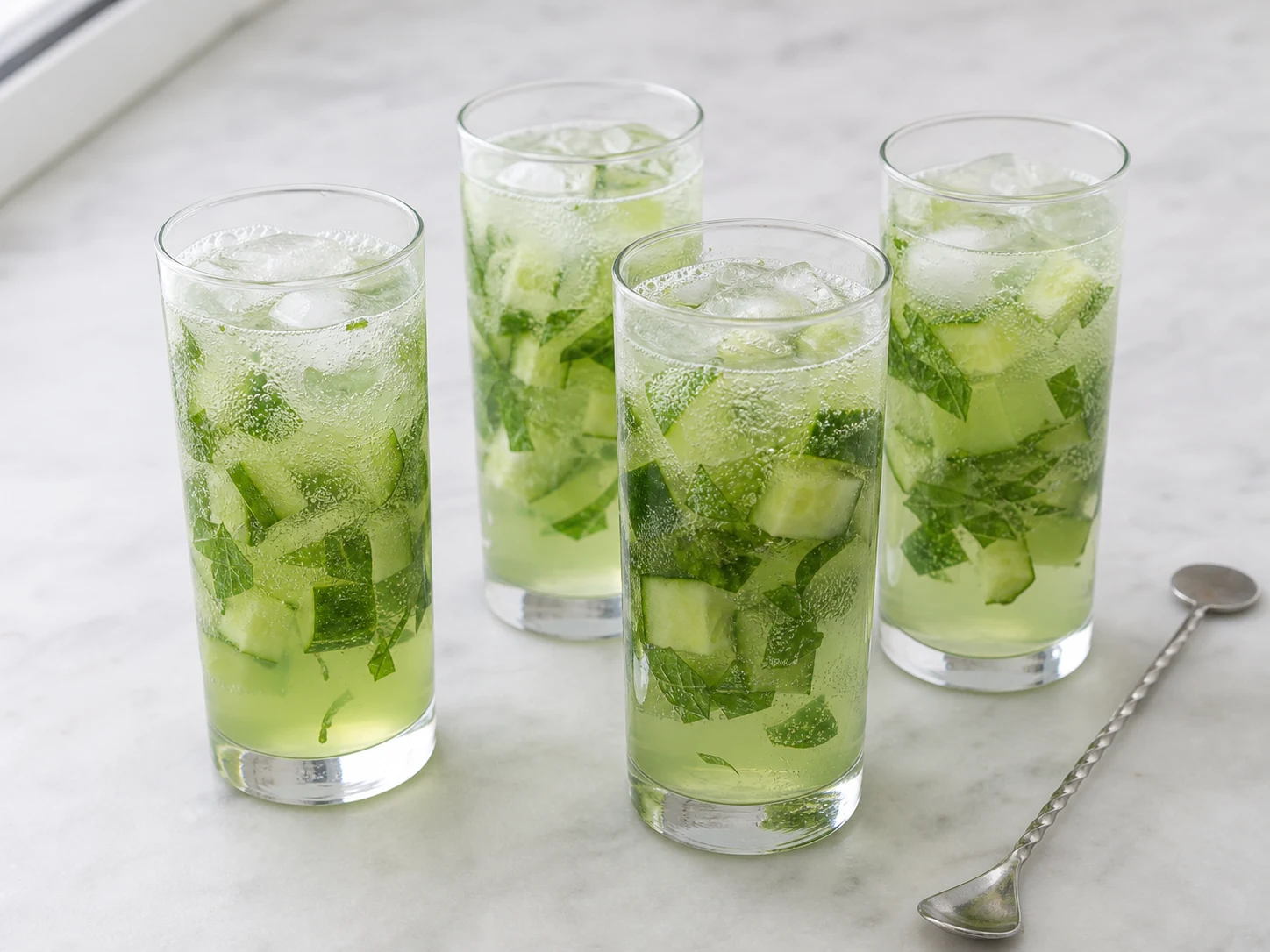 Sparkling cucumber basil tonic in four ice-filled highball glasses after tonic water is added and before garnishing
