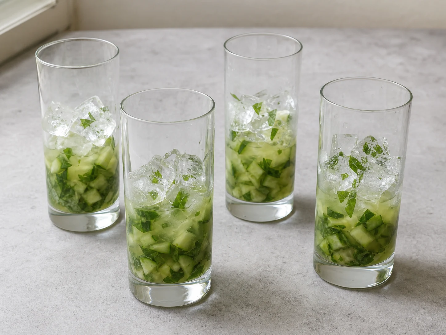 Four highball glasses filled with ice and evenly divided cucumber-basil mixture before tonic water is added