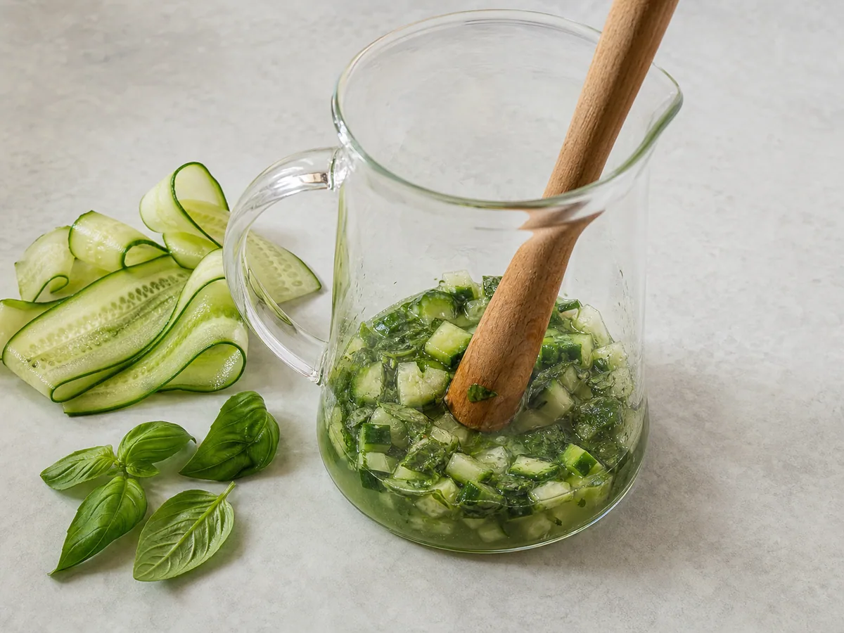 Muddled English cucumber, fresh basil, and lime juice in a pitcher before tonic water is added