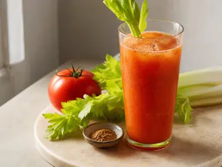 Vasos altos de refresco de tomate especiado y apio servido sobre hielo