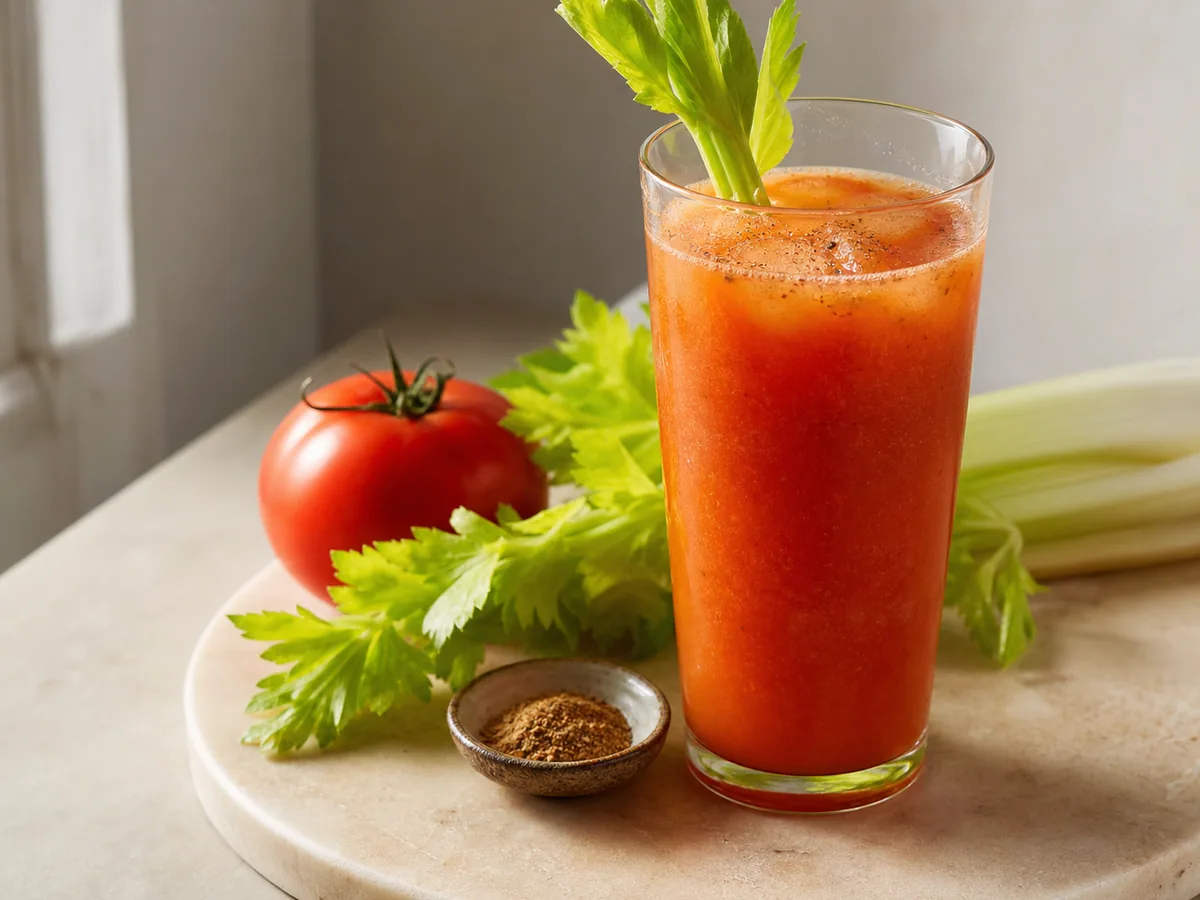 Vasos altos de refresco de tomate especiado y apio servido sobre hielo