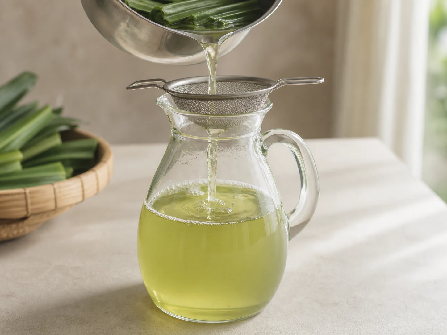 Infusión tibia verde pálida de pandan que se cuela por una malla fina hacia una jarra