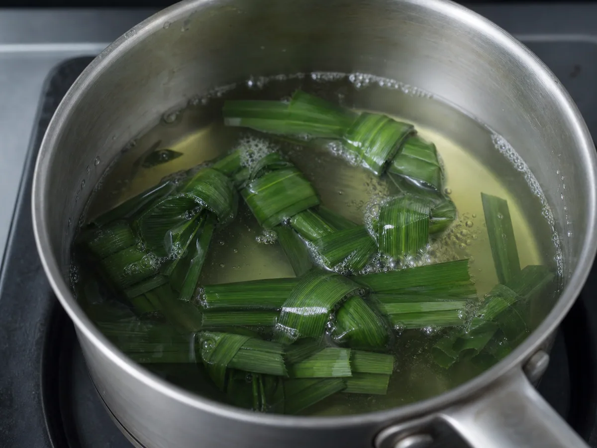 Hojas de pandan magulladas que hierven suavemente en agua apenas verdosa