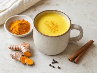 Leche dorada tibia de cúrcuma en dos tazas sencillas de cerámica