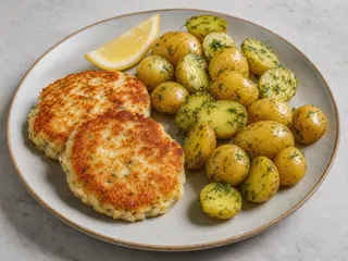 Bolinhos de peixe noruegueses dourados servidos com batatas na manteiga e endro