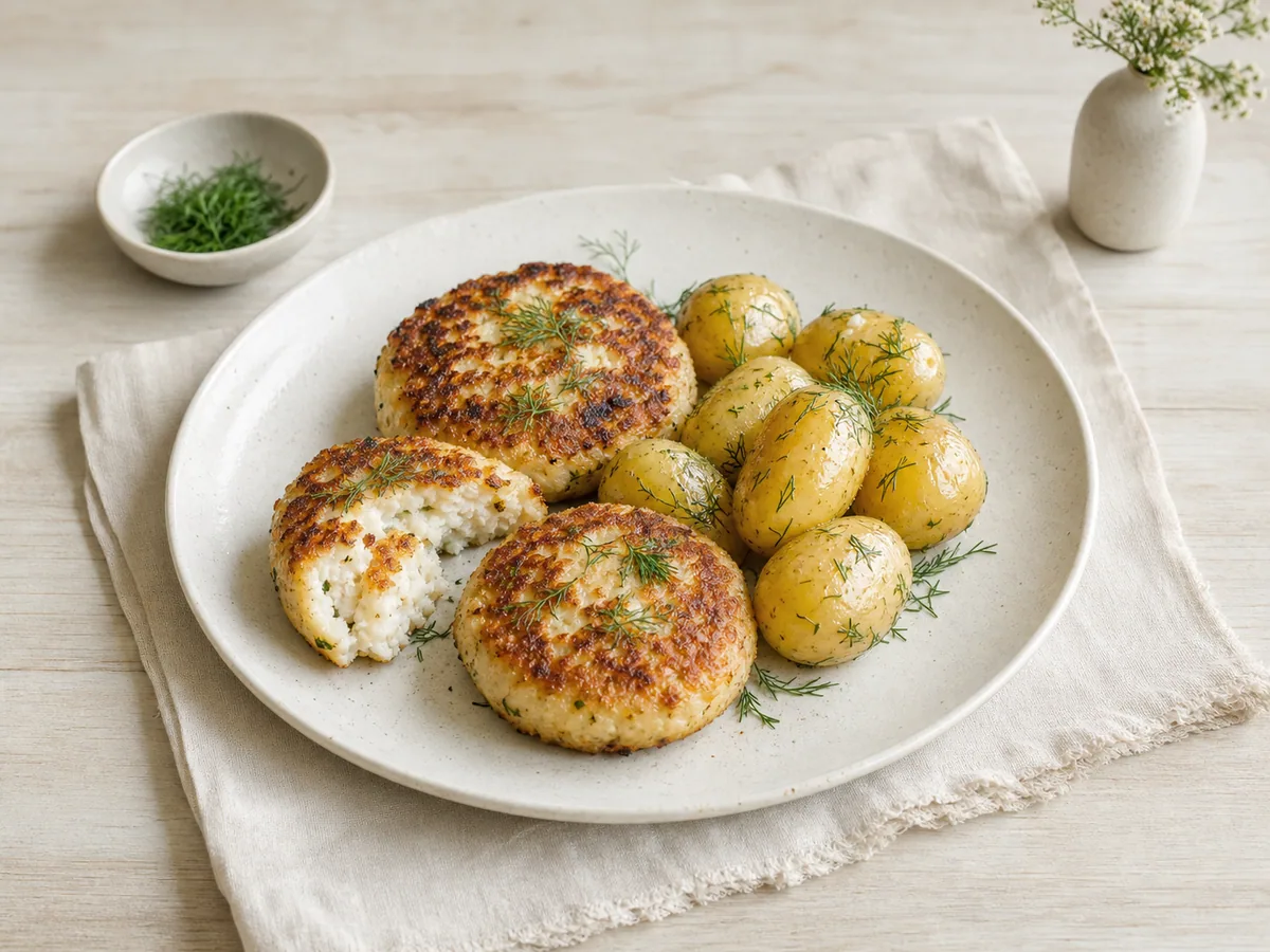 Bolinhos de peixe noruegueses dourados servidos com batatas ao endro e manteiga