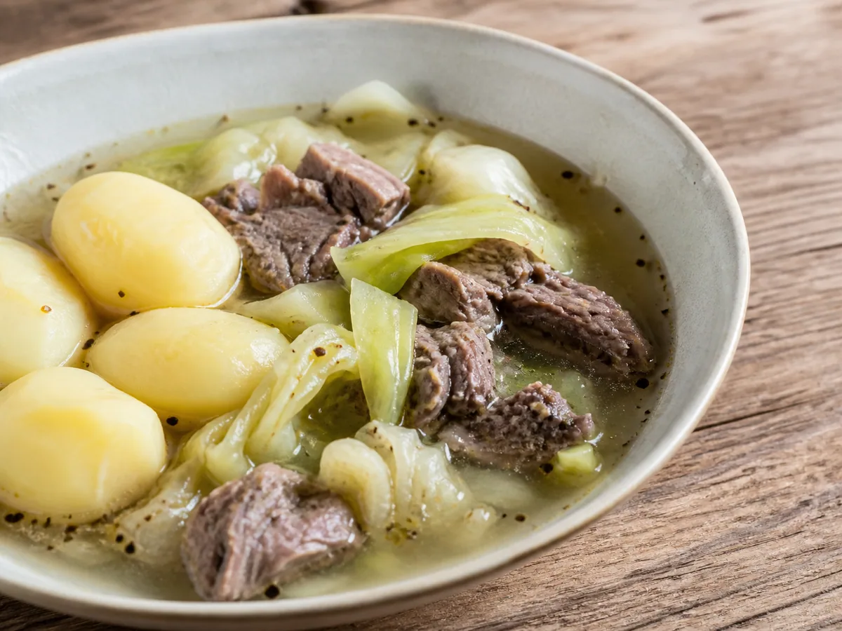 Fårikål norueguês com cordeiro macio, repolho, grãos de pimenta e batatas cozidas