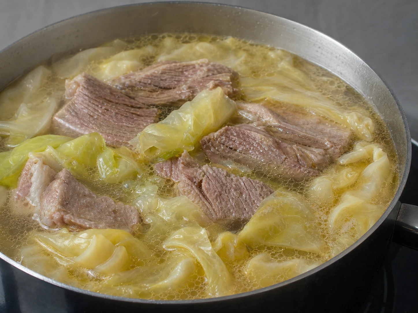 Fully cooked Norwegian fårikål in a pot with tender lamb and softened cabbage wedges