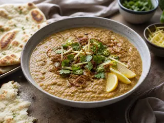 Tazón de haleem paquistaní de res y lentejas con cebollas crujientes, cilantro, jengibre y limón