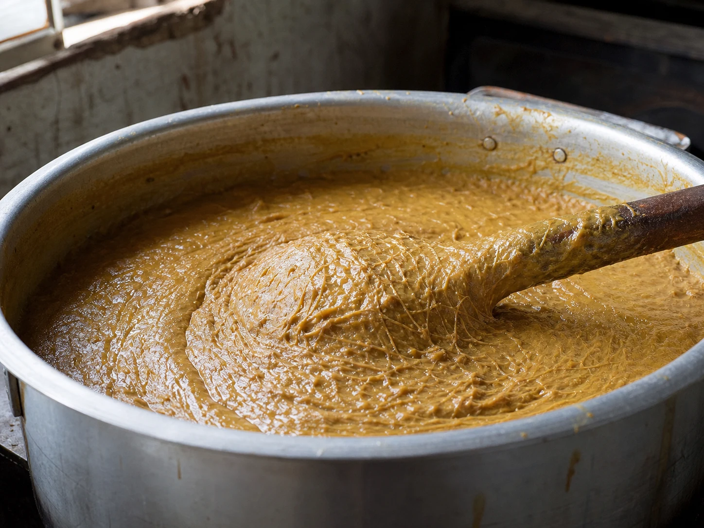 Thick ribboning texture of finished Pakistani beef and lentil haleem in the cooking pot
