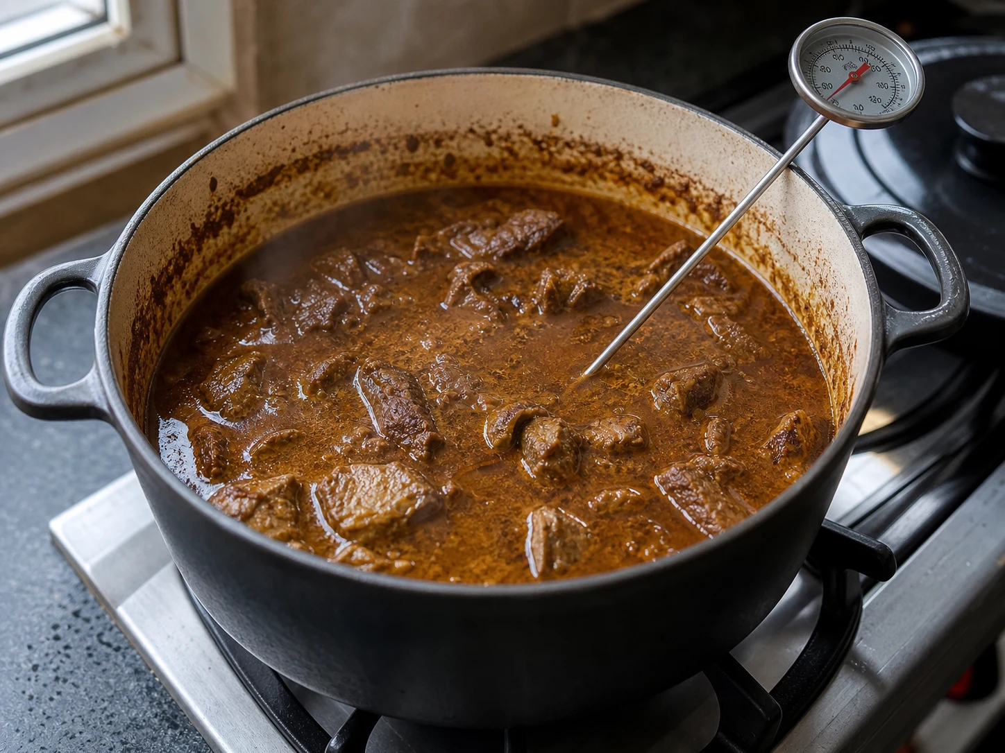 Fully cooked fork-tender beef in concentrated masala for Pakistani haleem