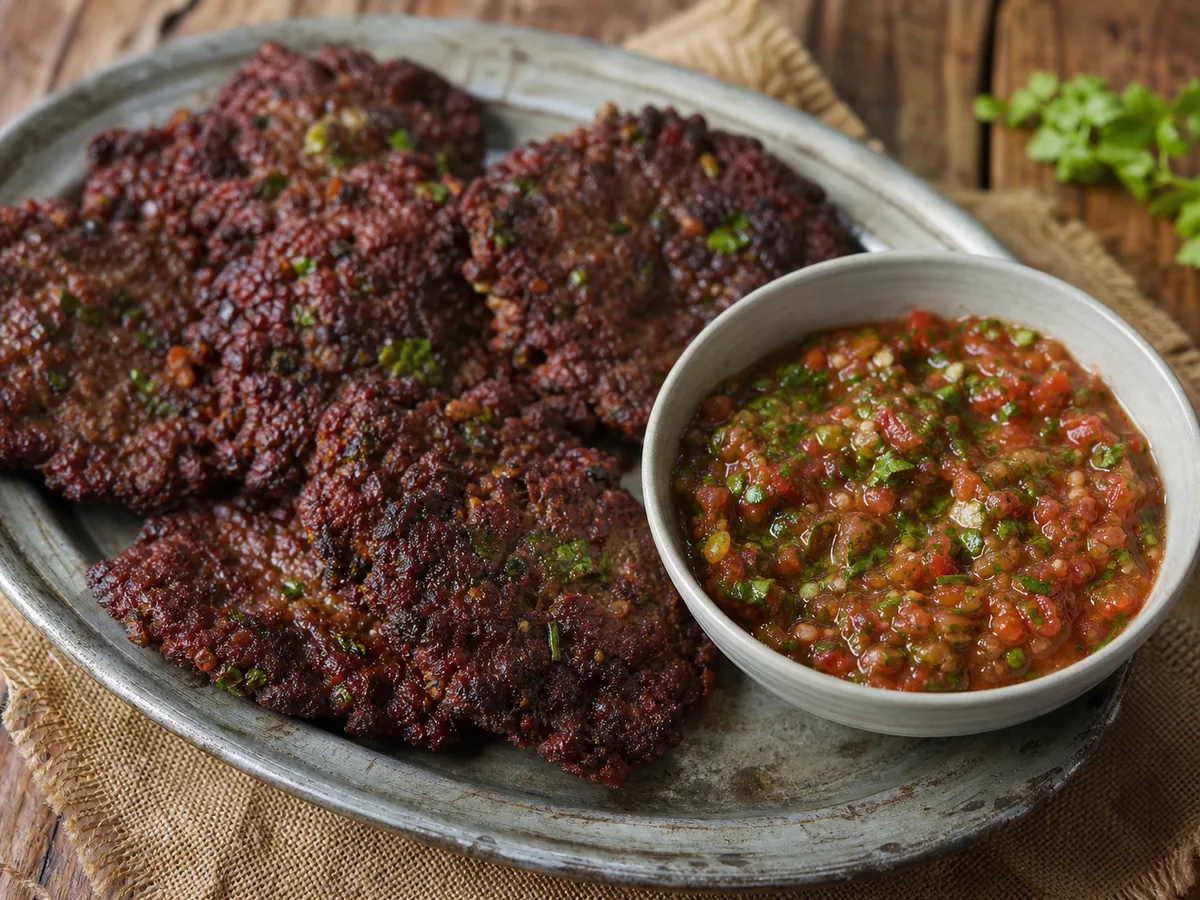 Chapli kebabs paquistaneses com bordas douradas e crocantes ao lado de chutney rústico de tomate