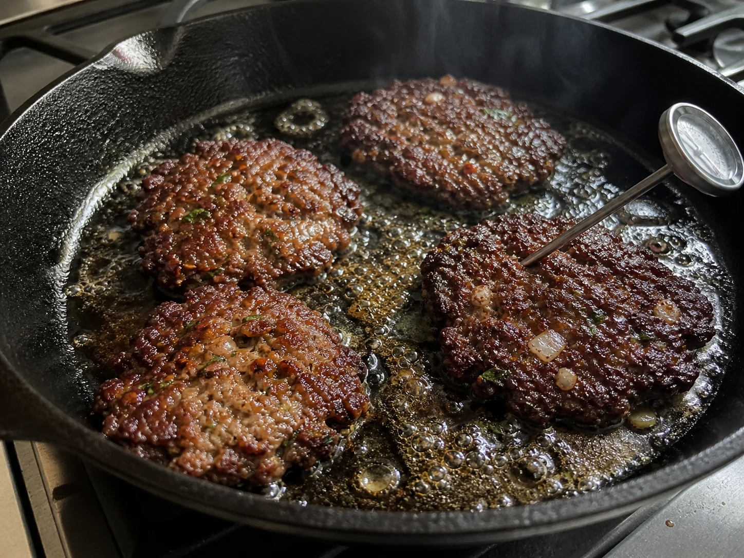 Chapli kebab completamente cozido, verificado lateralmente com termômetro sobre uma chapa