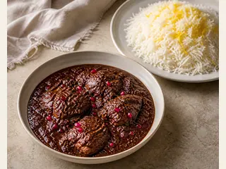 Tazón de pollo persa fesenjan en salsa brillante de nuez y granada con arroz
