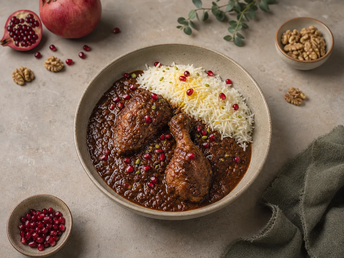 Tigela de frango fesenjan persa em molho brilhante de nozes e romã, servido com arroz