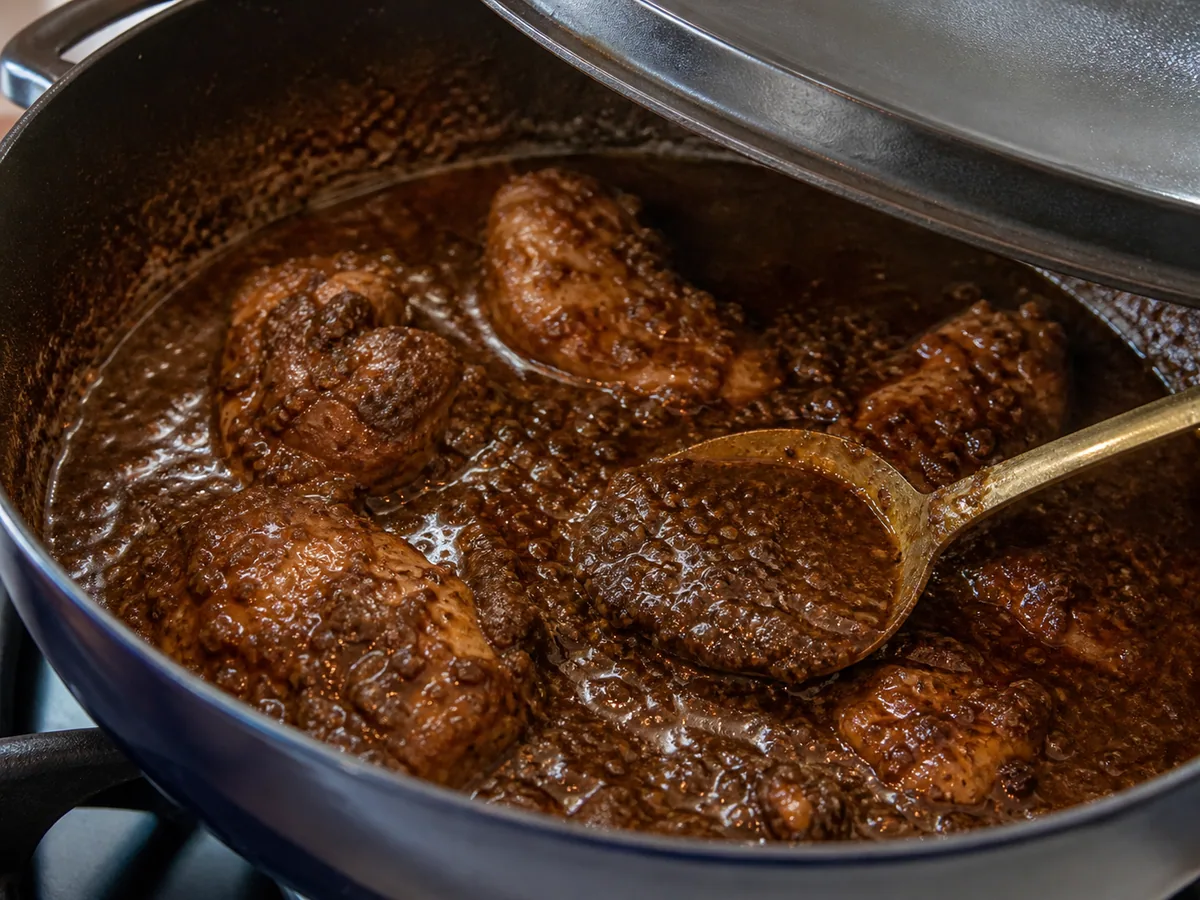 Cozinhe o frango no molho de romã durante o preparo