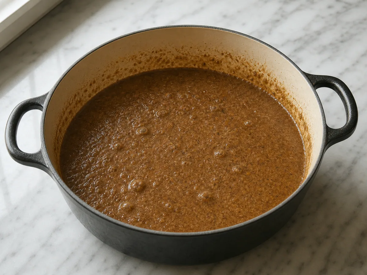 Salsa de nueces ligeramente espesa con pequeñas gotas de aceite durante la cocción del fesenjan
