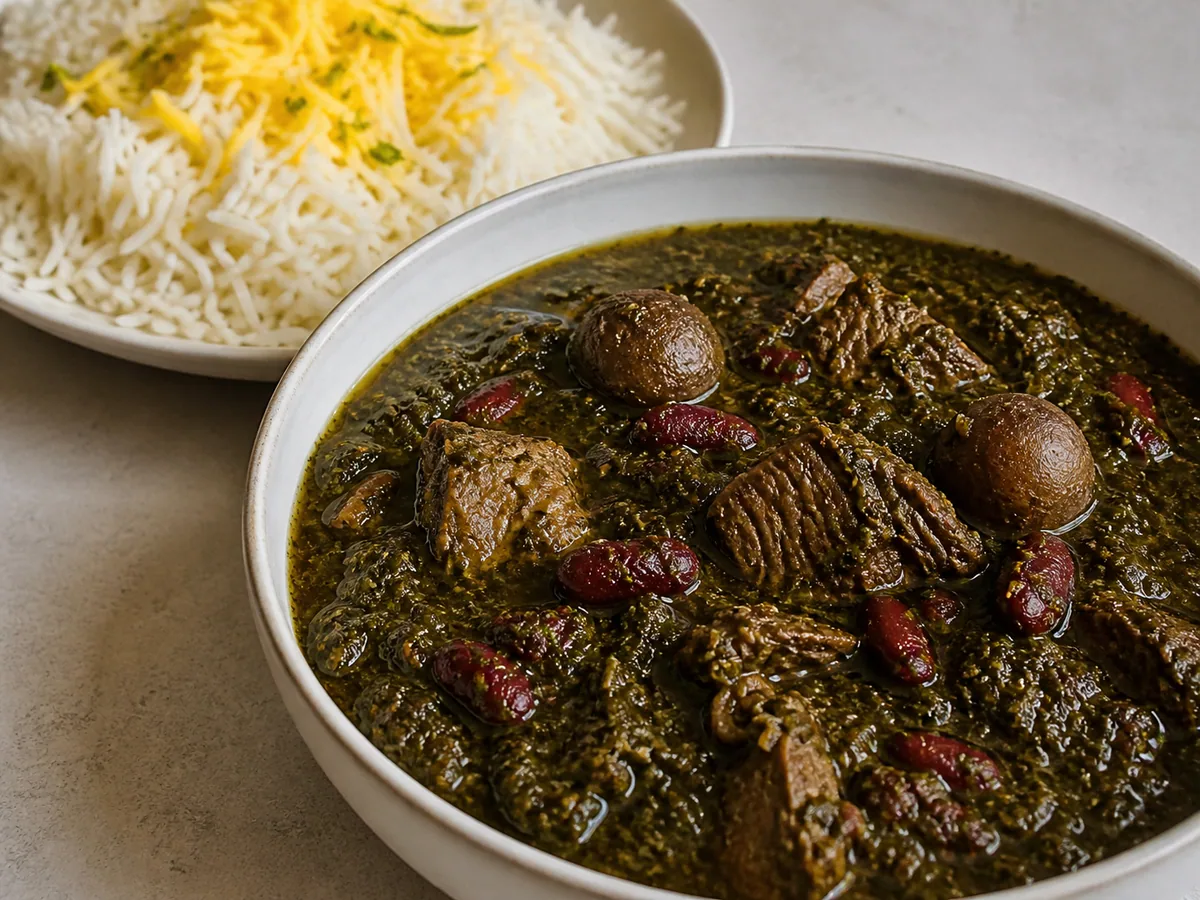 Bowl of Persian ghormeh sabzi with beef, kidney beans, herbs, dried lime, and basmati rice