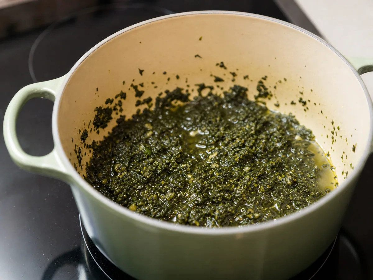 Mistura de ervas fritas verde-escuras para ghormeh sabzi persa em uma panela holandesa