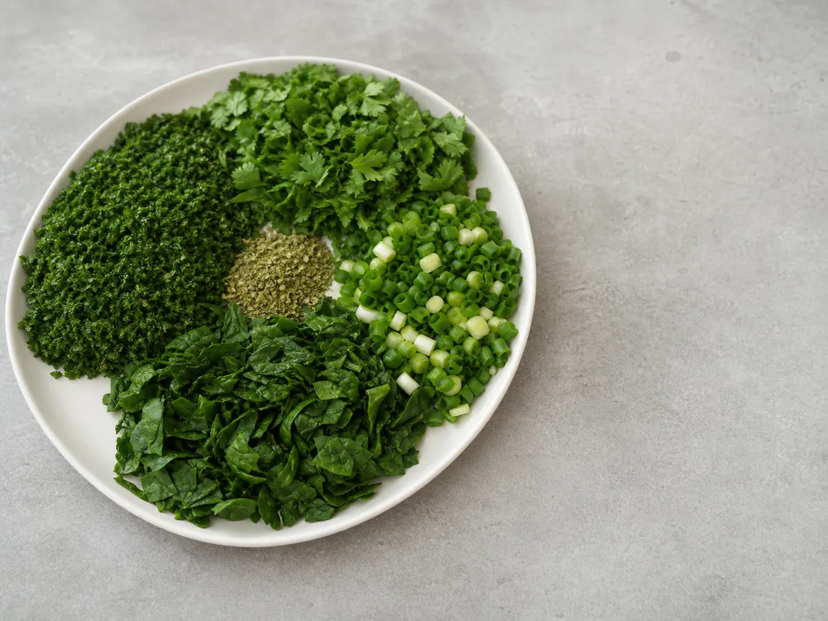Salsinha, coentro, cebolinha-verde e espinafre finamente picados para ghormeh sabzi persa