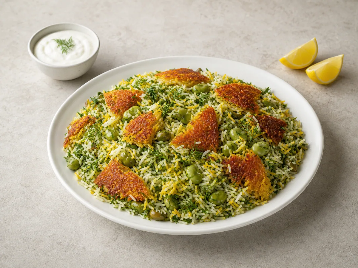 Travessa de arroz persa com endro e favas, com tahdig dourado de batata