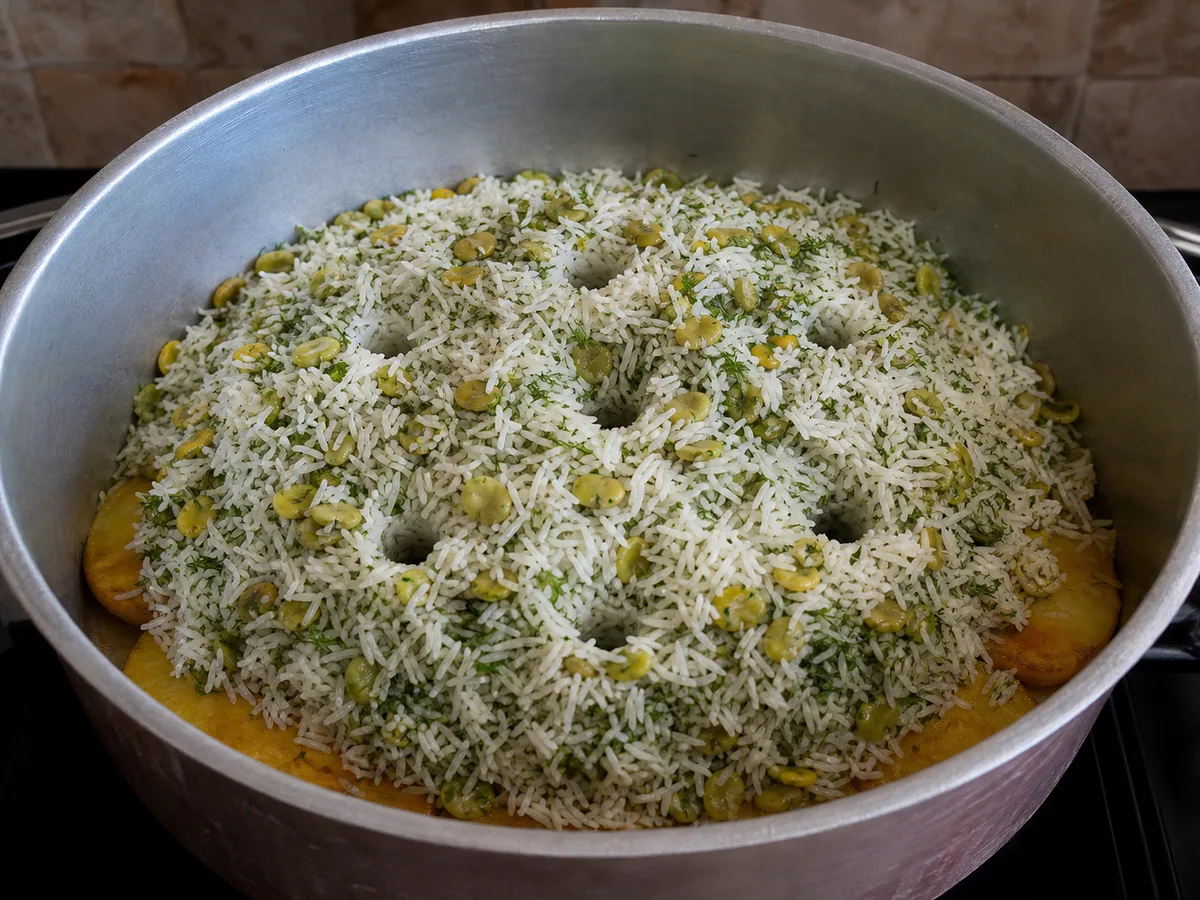 Montagem do tahdig e das camadas de arroz durante o preparo
