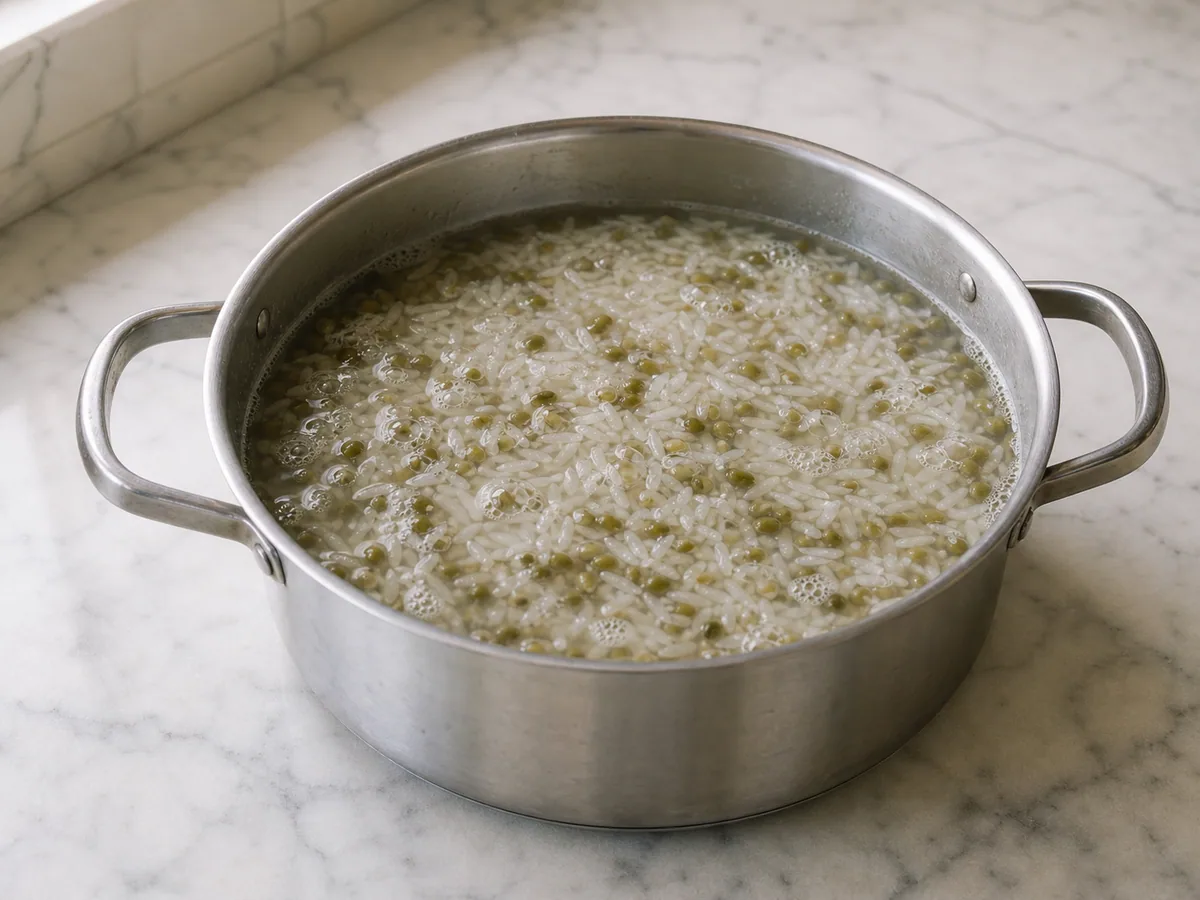 Arroz basmati escorrido e favas verdes, com os grãos ainda firmes no centro
