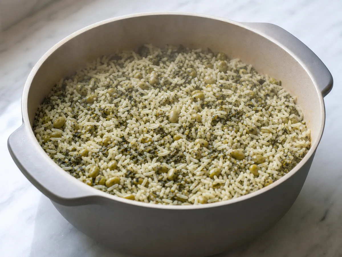 Arroz persa com ervas e favas recém-desenformado, com o tahdig dourado de batata intacto