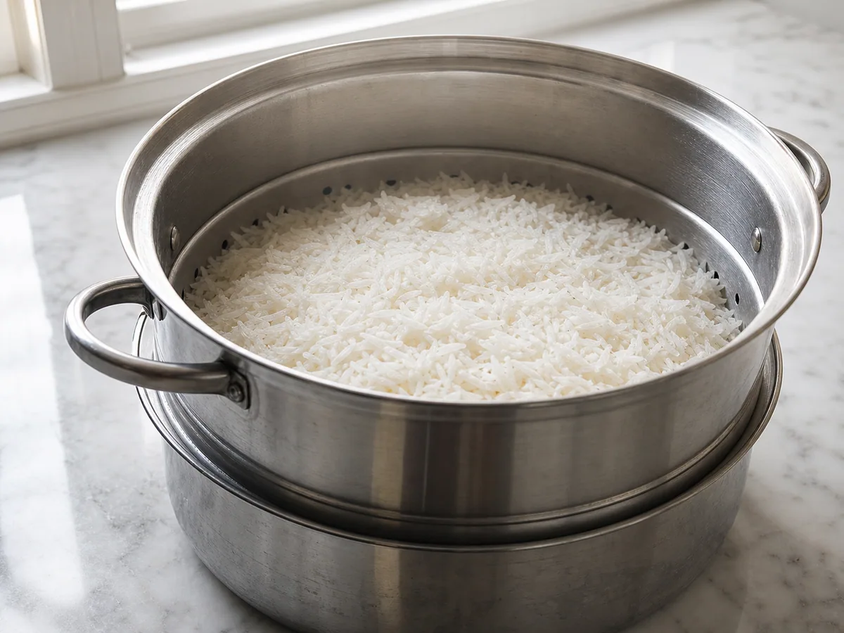 Arroz soltinho com endro e favas na panela, com a borda da batata bem dourada visível por baixo