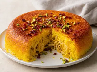 Tahchin persa de pollo con azafrán, zereshk y pistachos