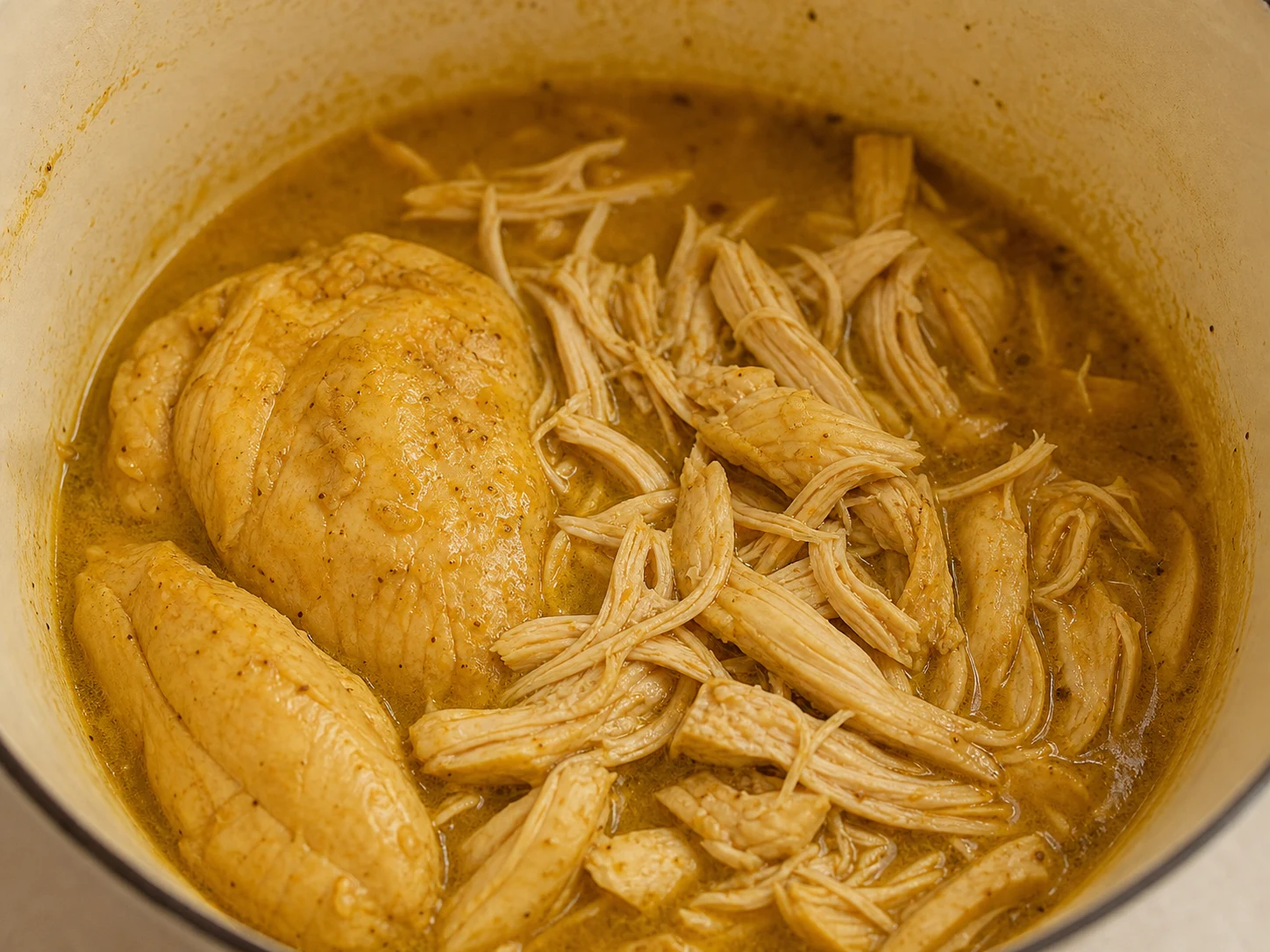 Fully cooked shredded chicken coated with reduced onion juices for Persian tahchin