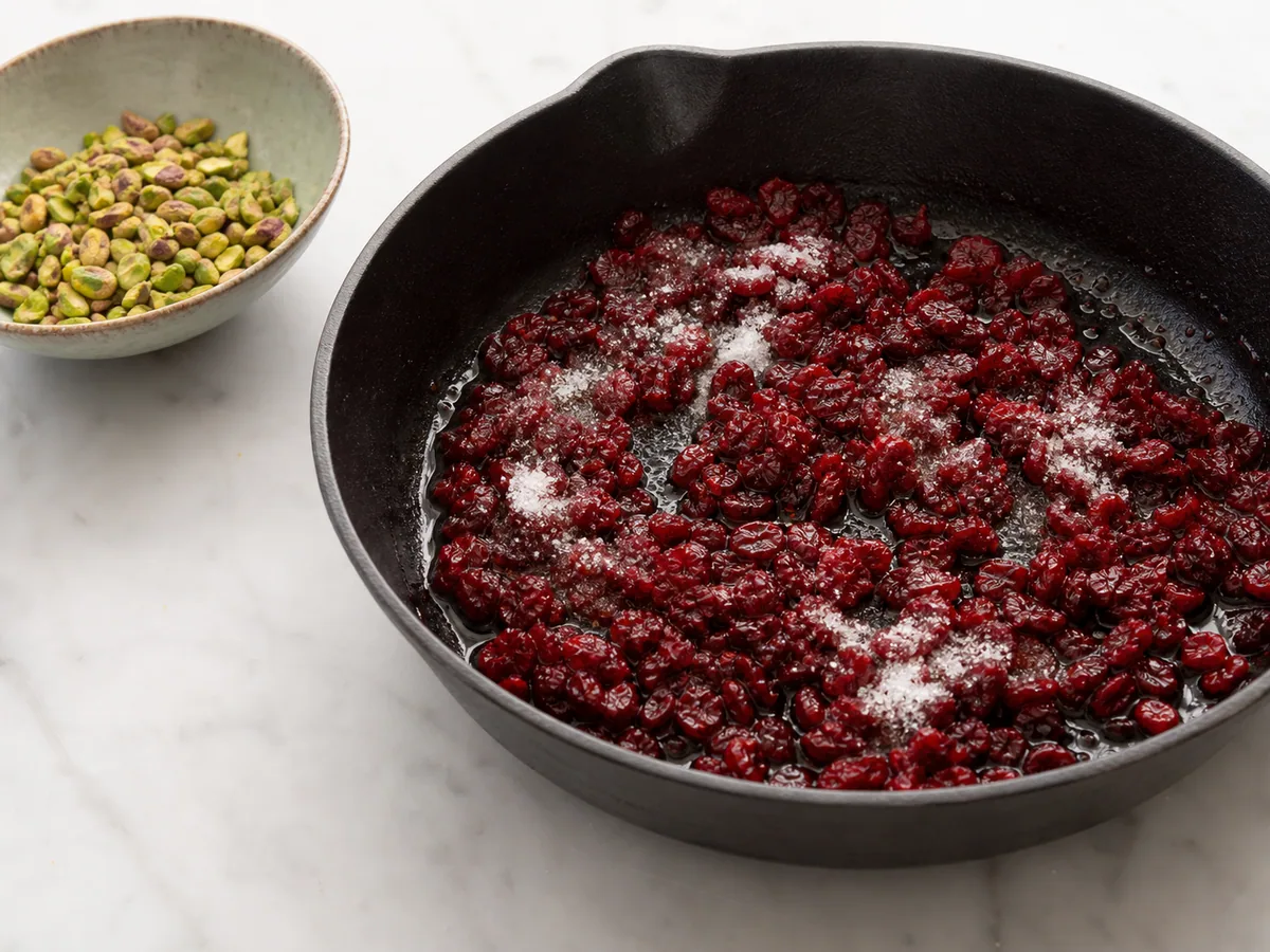 Glossy warmed barberries before they darken for Persian chicken tahchin