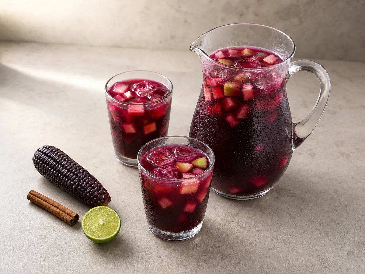 Glass pitcher and tumblers of deep purple chicha morada with diced pineapple and apple