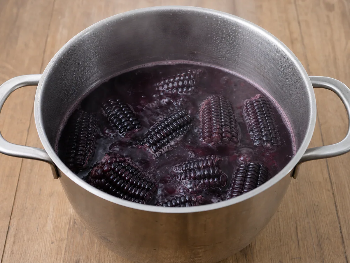 Chicha morada hirviendo con granos abiertos y fruta ablandada