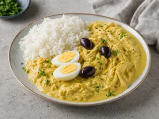 Pollo peruano cremoso con ají, arroz blanco, huevo duro y aceitunas negras