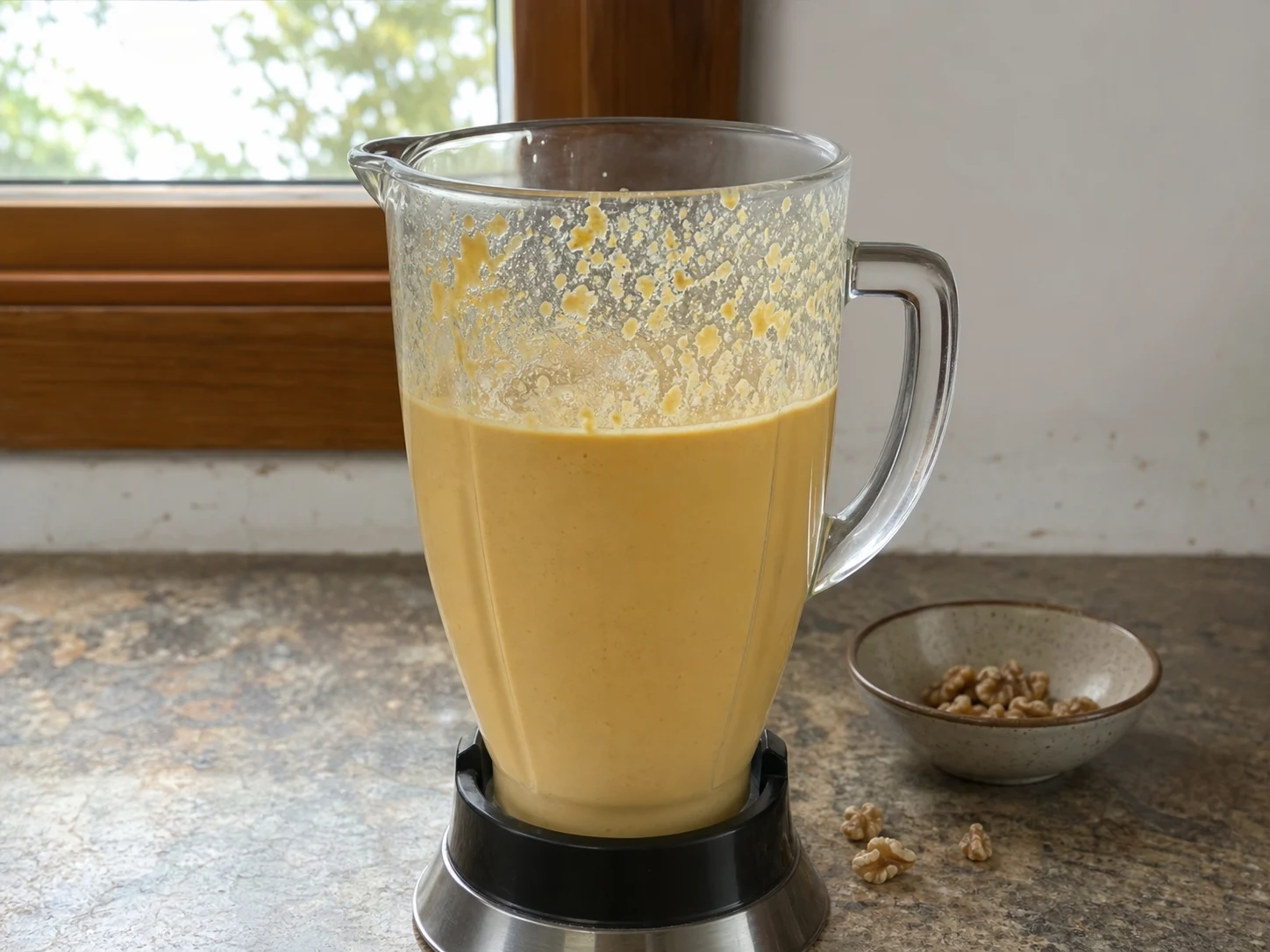 Smooth golden ají amarillo sauce in a blender jar before adding chicken