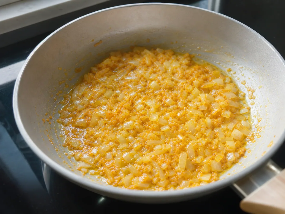 Soft translucent onion and golden-orange ají amarillo mixture in a skillet