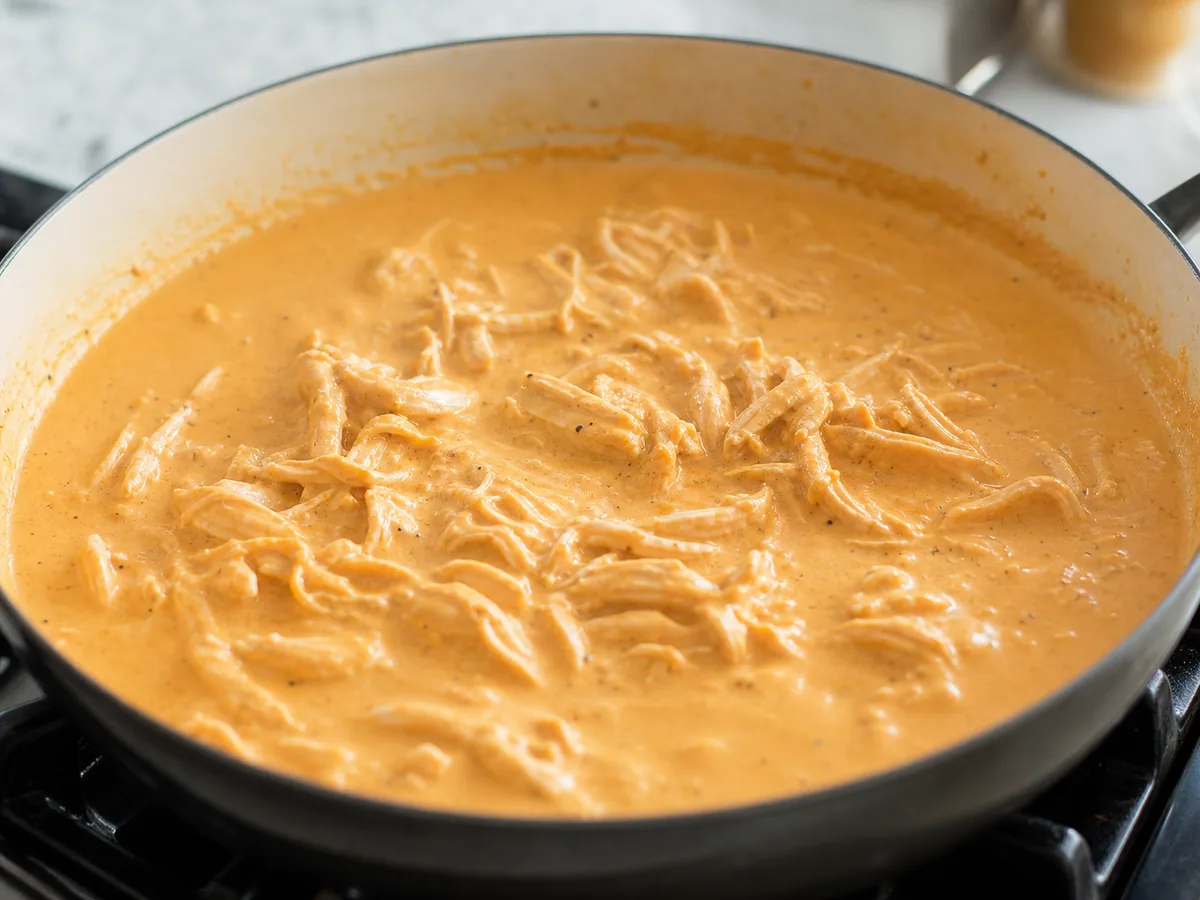Shredded chicken coated in thick golden ají amarillo sauce in a skillet