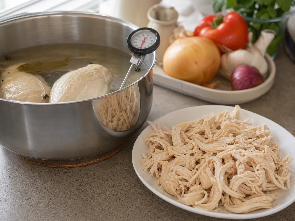 Fully cooked poached chicken on a clean plate with a thermometer in the thickest piece