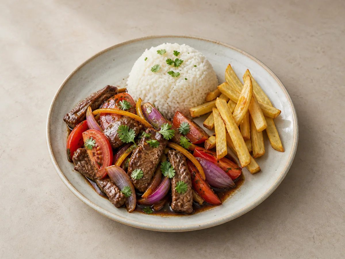 Peruvian lomo saltado with beef, red onion, tomato, fries, and white rice