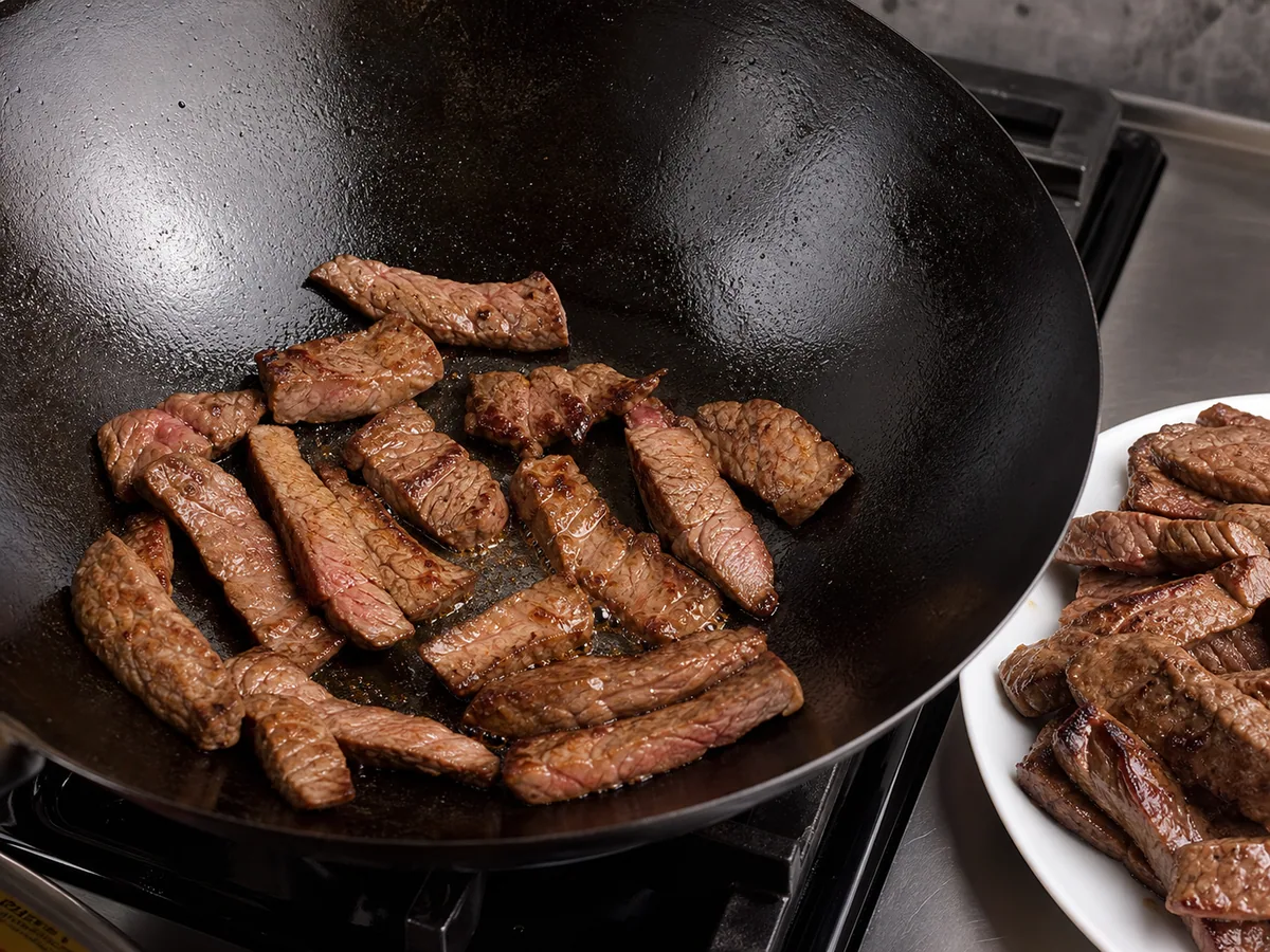 Sear the beef in batches during preparation